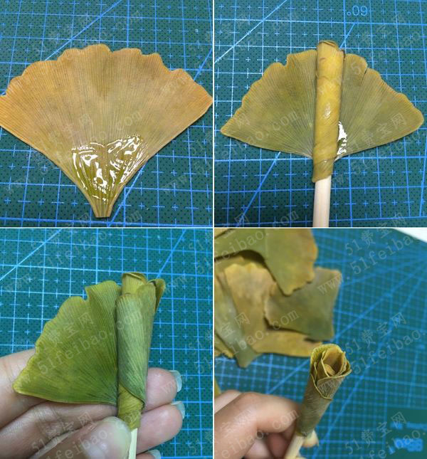 利用银杏叶子卷的diy玫瑰花做法图片