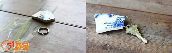 废品DIY，用陶瓷碎片做成的青花瓷钥匙扣