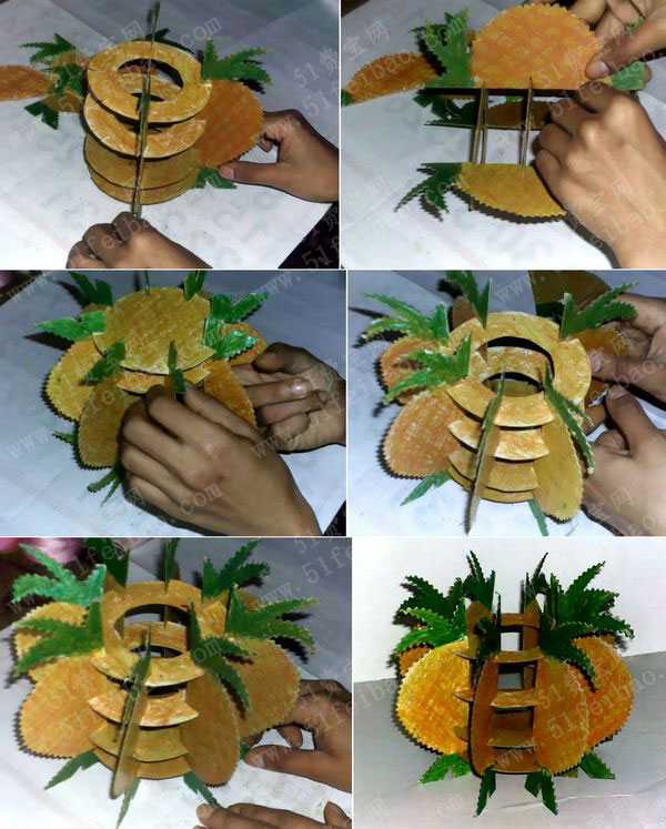 自制废纸盒手工图解做大菠萝笔筒 - 废物利用手工diy小制作 - 51费宝