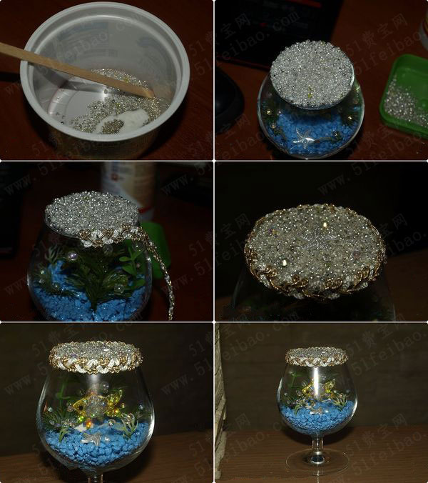 玻璃酒杯做海洋世界水晶球摆饰 - 废物利用手工diy小制作 - 51费宝网