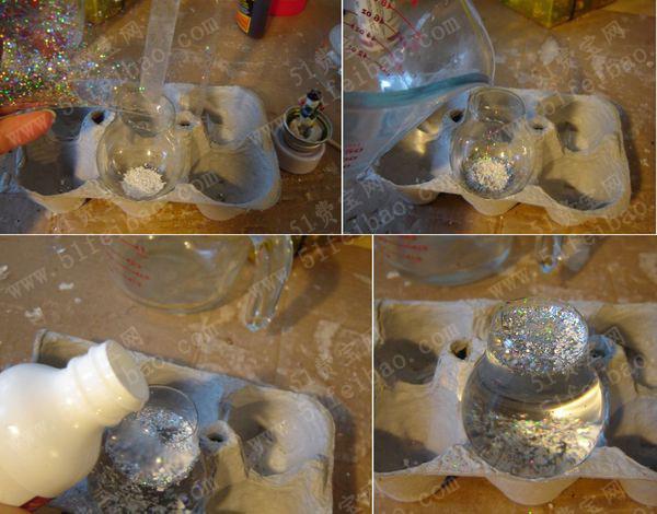 利用废旧灯泡DIY冰雪纷飞的发光水晶球