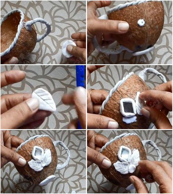 利用椰子壳做茶杯造型小花盆教程 - 废物利用手工diy小制作 - 51费宝