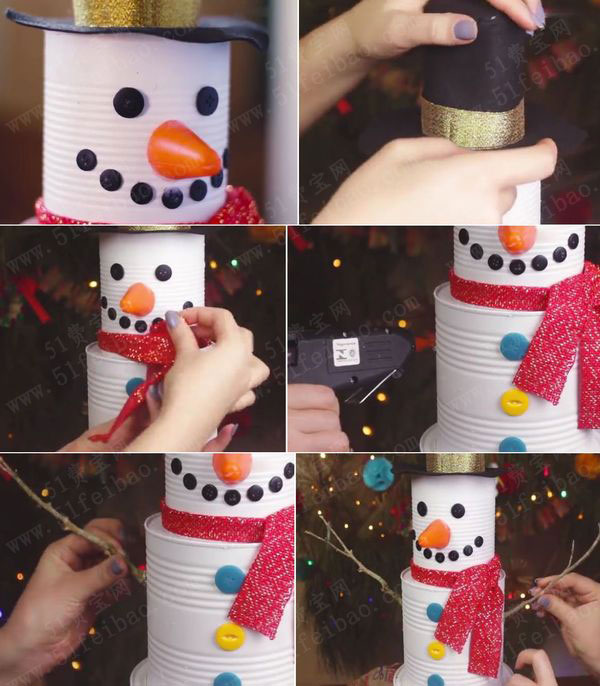废弃铁罐简易做diy圣诞节雪人摆件玩偶