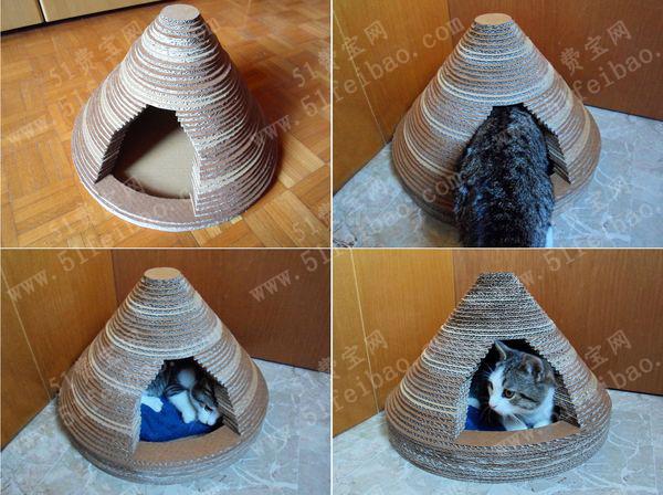 利用瓦楞纸板纸箱做圆顶环保猫屋的做法图解