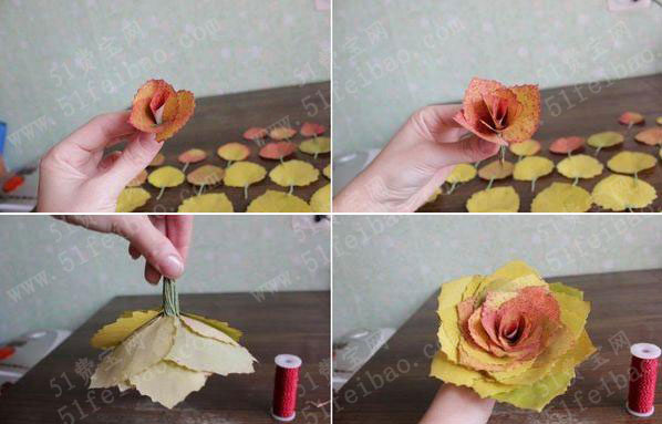 如何使用树叶做手工diy玫瑰花