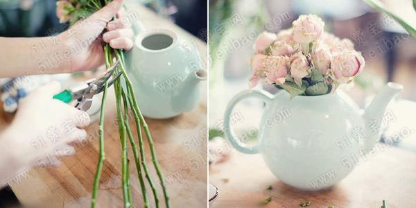 旧壶装新花的茶壶插花创意