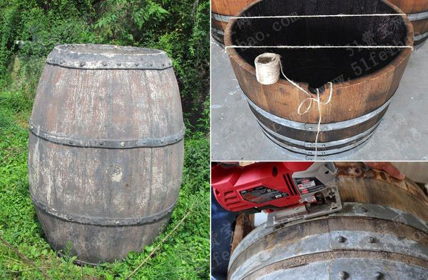 旧酒桶废物利用做多层园林花盆