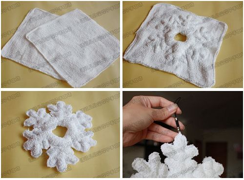 旧毛巾缝制冬味盎然的柔软雪花挂饰