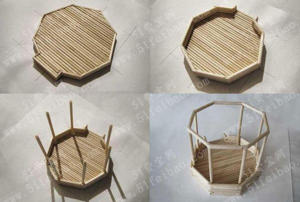 一次性筷子手工制作八角凉亭小摆件