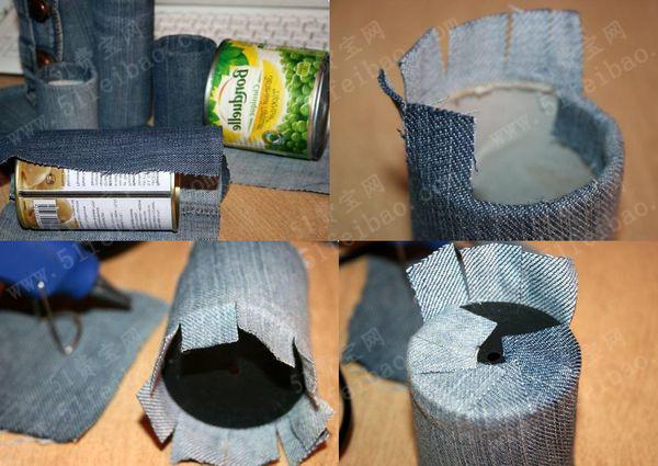 利用旧裤子和废瓶罐制作的环保手工牛仔布笔筒