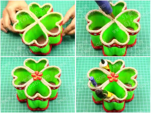 塑料瓶改造成diy幸运四叶草笔筒 - 废物利用手工diy小制作 - 51费宝网