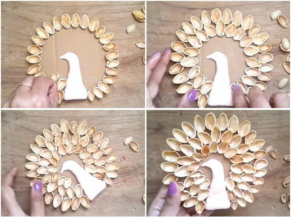 如何利用开心果壳制作孔雀开屏饰物
