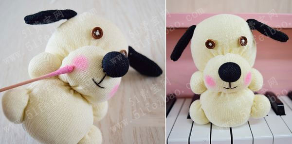 黑耳朵的袜子娃娃羞涩汪星人布偶 - 废物利用手工diy小制作 - 51费宝