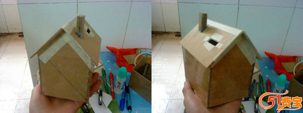 纸板箱手工制作小房子储蓄箱
