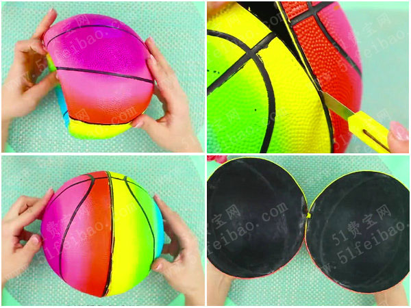 如何利用漏气篮球制作吊篮花盆 - 废物利用手工diy小制作 - 51费宝网