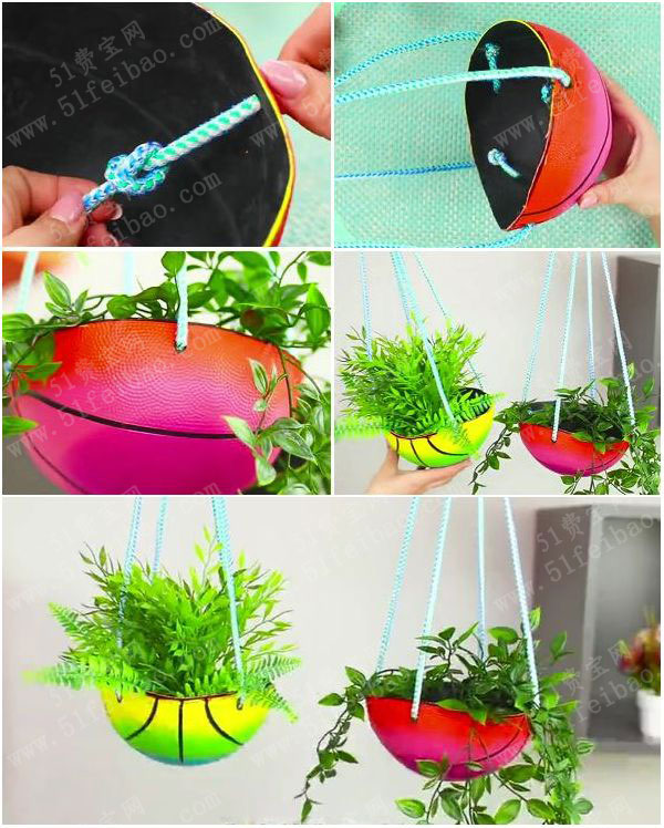 如何利用漏气篮球制作吊篮花盆