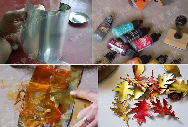 易拉罐改造小制作教程：怎么做缤纷叶子花圈