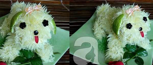 用柚子皮DIY小狗造型的水果拼盘
