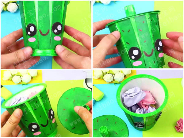 奶茶杯改造萌物西瓜精灵废纸篓教程