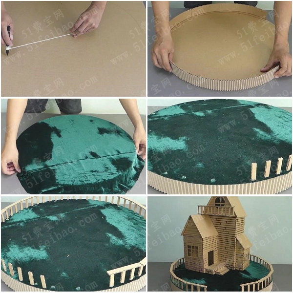 将绒布边缘裁剪成圆形并粘接圆台围栏杆.将房屋模型放置在圆台中央.