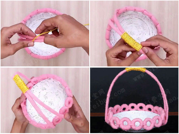 旧报纸diy手编制作提篮的做法图解 - 废物利用手工diy小制作 - 51费宝