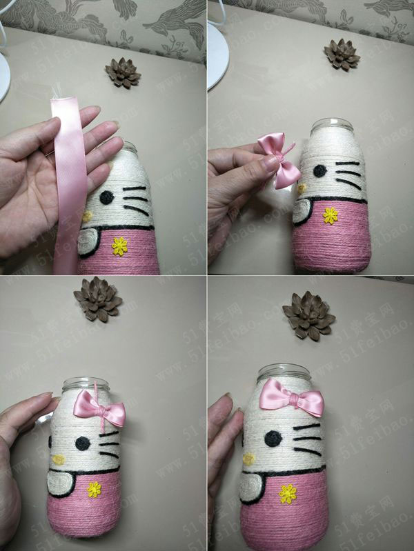 玻璃罐头瓶子diy粉色hello kitty花瓶 - 废物利用手工diy小制作 - 51