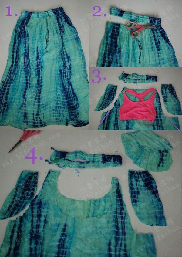 免缝纫改造超长旧裙打造时装连衣裙