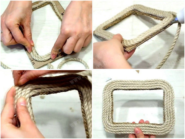 用纸板麻绳制作创意相架的方法 - 废物利用手工diy小制作 - 51费宝网