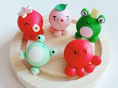 纸艺diy,衍纸迷你绿豆蛙和小章鱼