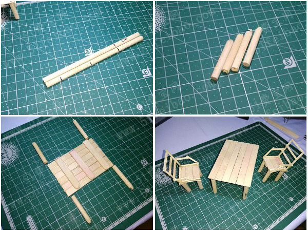 用热胶枪将4个小木棍粘在桌子的所有4个角上,桌子完成了.