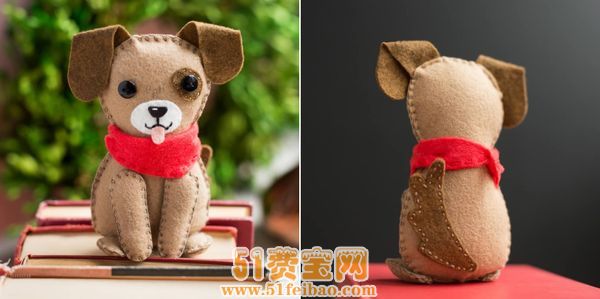 用不织布做一只颈系红围巾的狗狗玩偶