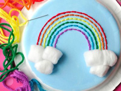 手工diy纸盘上绕线春天彩虹装饰画