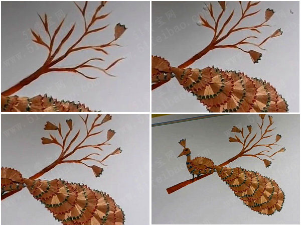 铅笔屑飞上枝头的孔雀装饰画