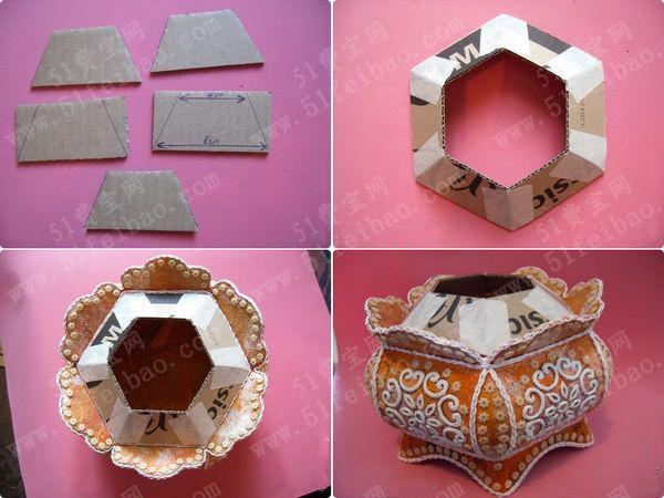 如何利用废旧硬纸板做六角形香炉收纳盒