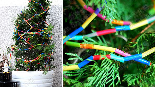 怎么利用旧吸管做圣诞树装饰彩色挂链