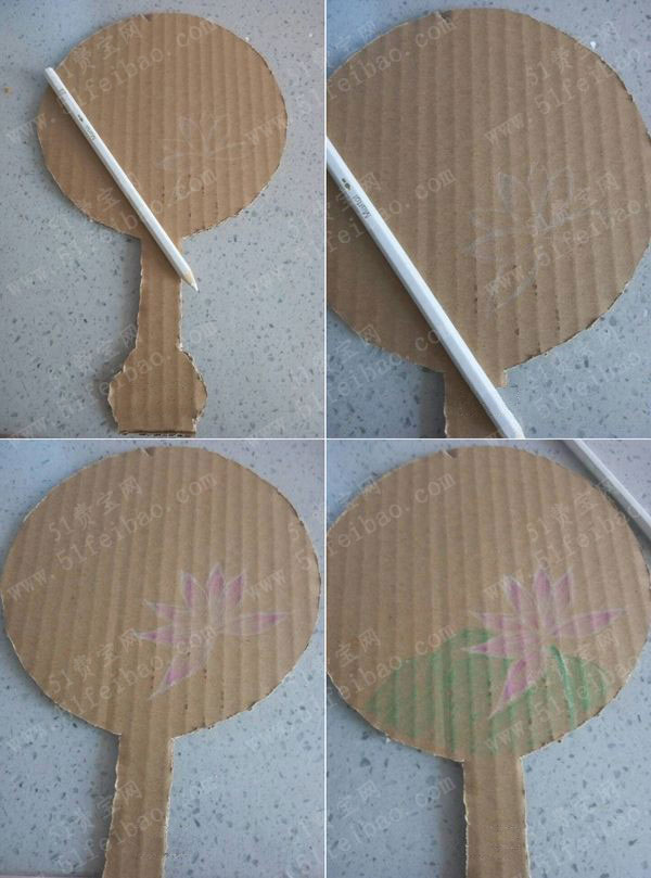 利用纸箱硬纸板做荷塘月色自制团扇 - 废物利用手工diy小制作 - 51费