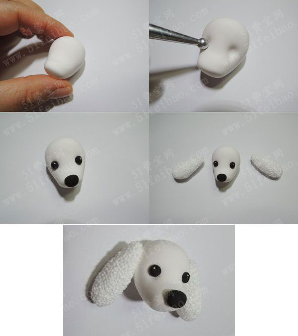2,另一小块 椭圆形软陶中间剪开,捏成狗狗的身体.