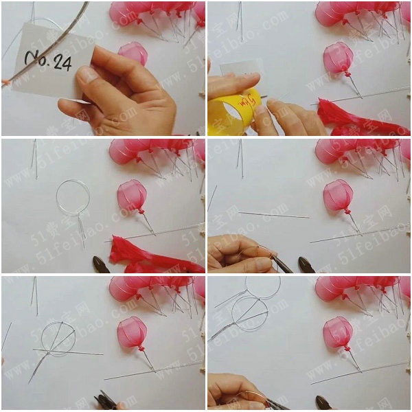 1,将24号花艺铁丝在直径5cm圆筒上塑出花瓣框架.