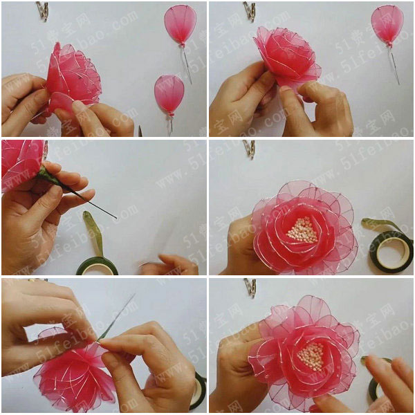 手工丝网花玫瑰丝袜花玫瑰胸针简单制作步骤