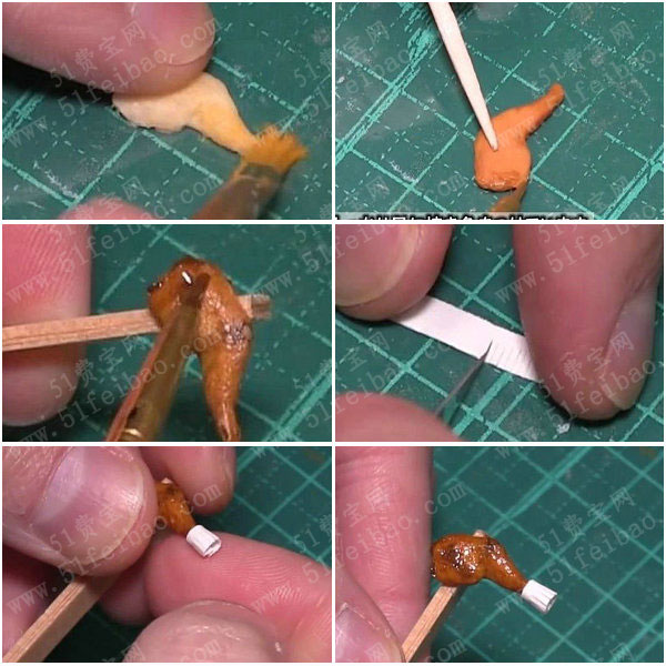 1,白色树脂粘土塑造出鸡腿形状.用铝箔纸在白色粘土片上印出纹理.