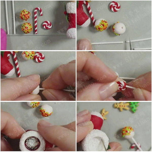 在圣诞靴内填入铝箔团,再 覆盖白色软陶泥,将糖球插入其中.