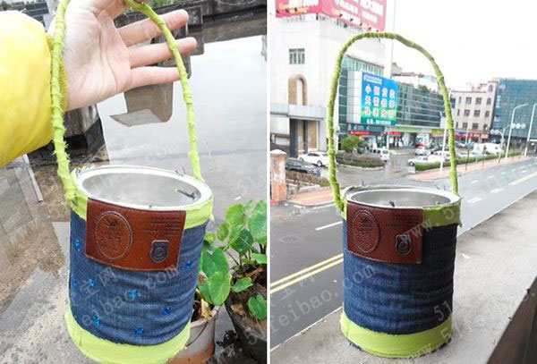 旧奶粉罐和牛仔裤制作便携移动小清新花盆