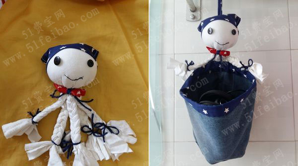 旧衣服改造壁挂牛仔布娃娃章鱼收纳袋 - 废物利用手工diy小制作 - 51