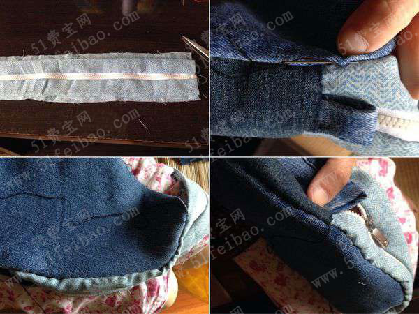 利用废牛仔裤布料改造的自制牛仔布小书包
