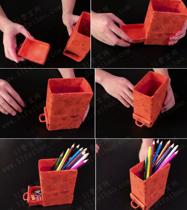 牛奶盒妙用创意双层抽屉笔筒制作