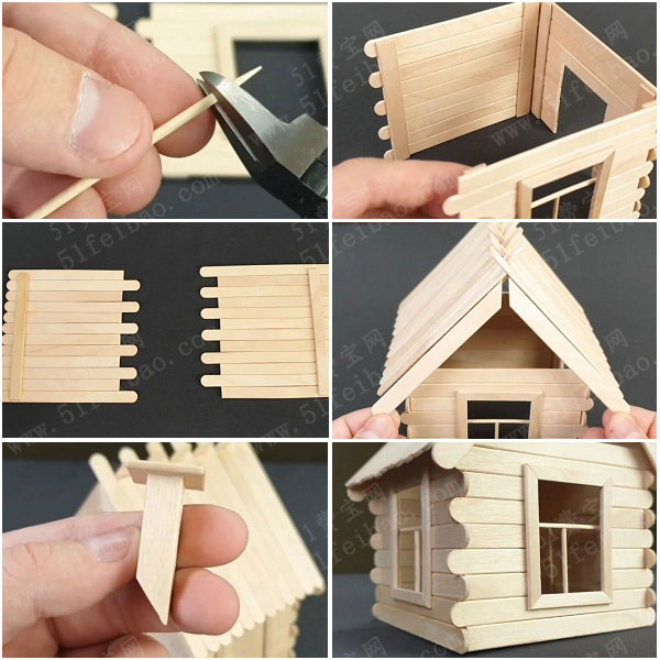雪糕棒环保手工diy制作可爱的微型小木屋模型