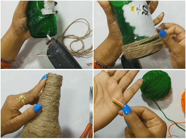 将三色毛线并排使用,这样子黏在啤酒瓶的瓶底,瓶颈,瓶口作为包边装饰