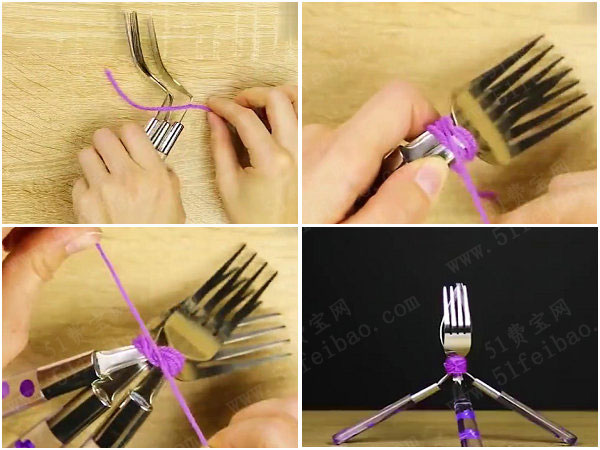 巧改不锈钢叉子做创意三脚蜡烛台 - 废物利用手工diy小制作 - 51费宝