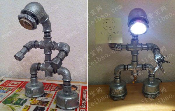 利用水管零件DIY钢管机器人个性台灯