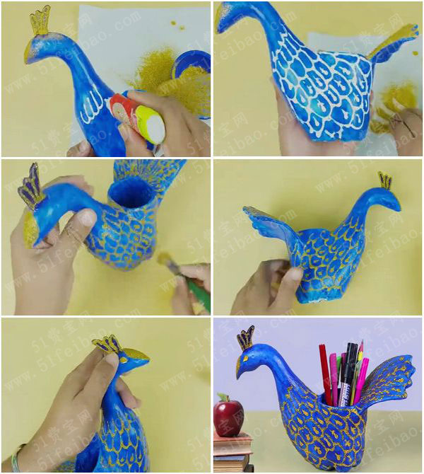 教你怎样用废饮料瓶做diy孔雀开屏笔筒